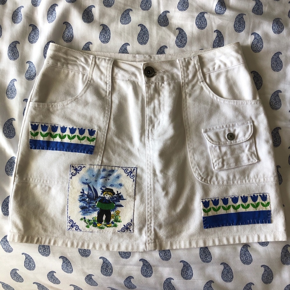 vintage cargo mini skirt with embroidered renaissance painting patchwork
